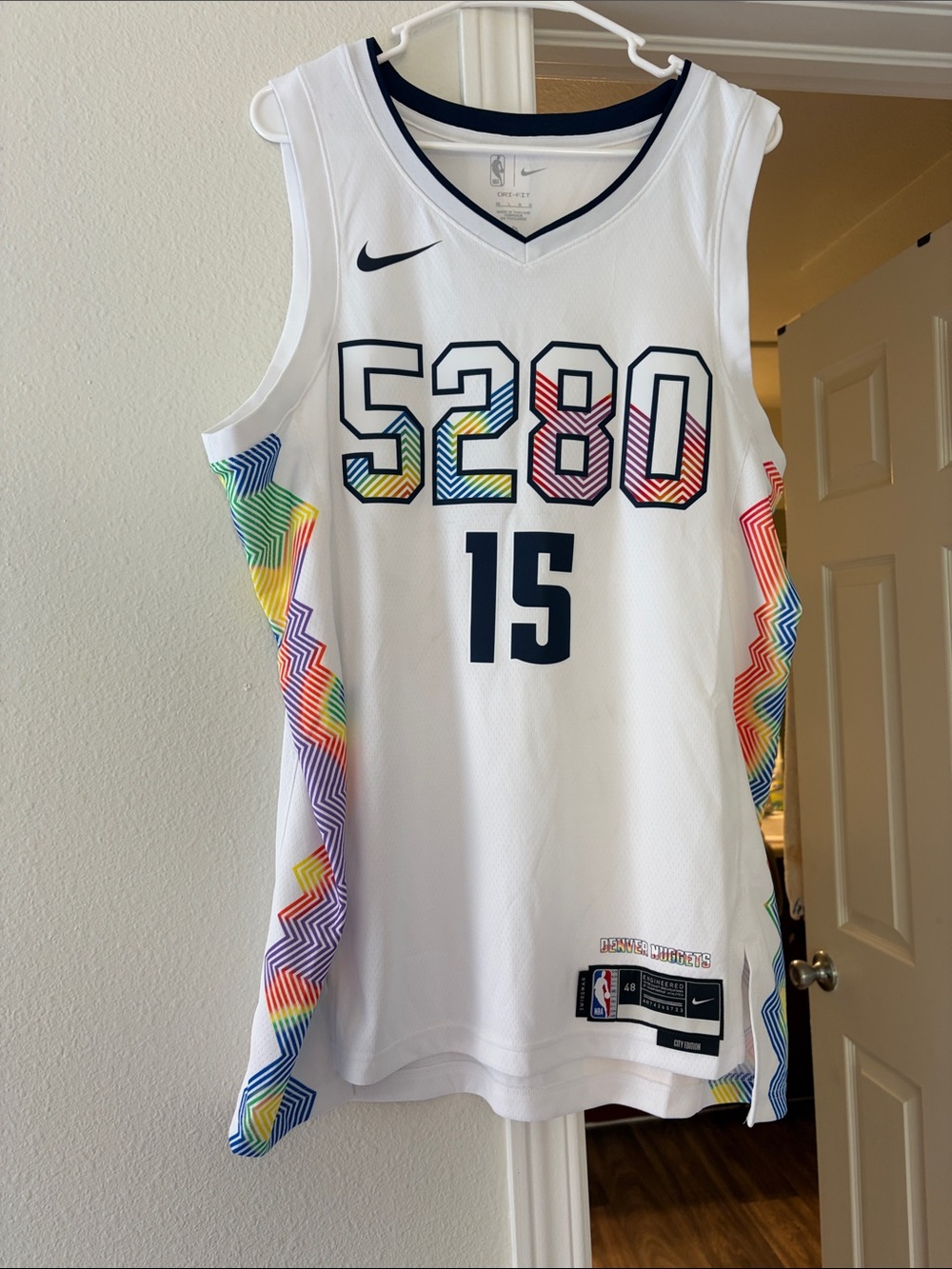 Nike White 5280 Basketball Jersey with Rainbow Accents